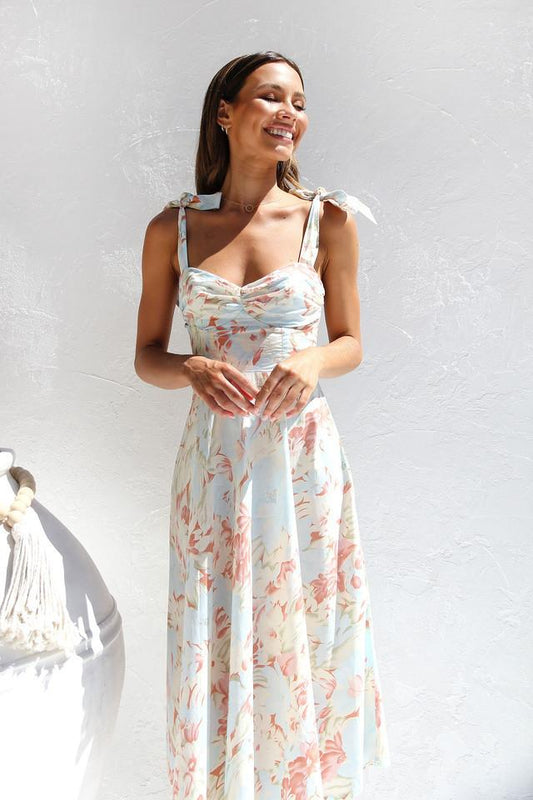 Delphine | Midi dress with floral tie shoulder ruched detail