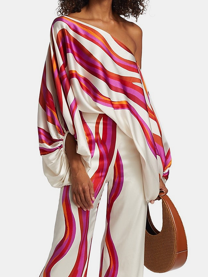 Elspeth | Two piece printed set with off shoulder top wide leg pants