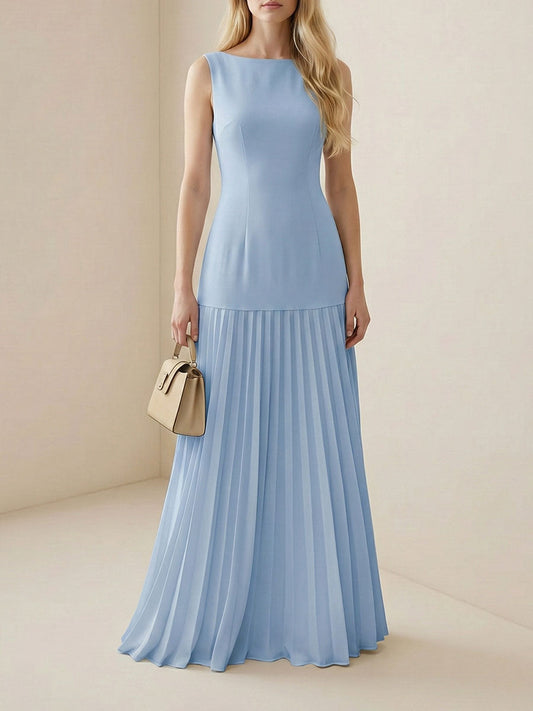 Roselle | Maxi dress with boat neck pleated sleeveless design