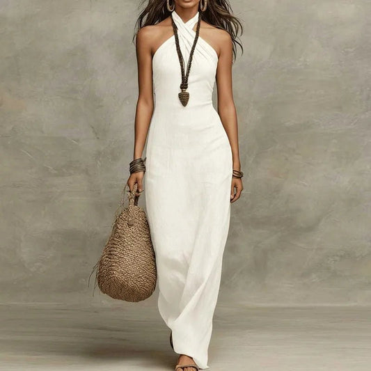 Anne | Bohemian halter maxi dress with criss cross neckline and sleeveless