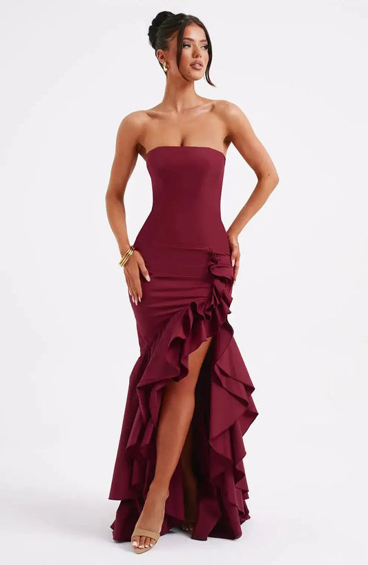 Lysandra | Strapless maxi dress with ruffle slit