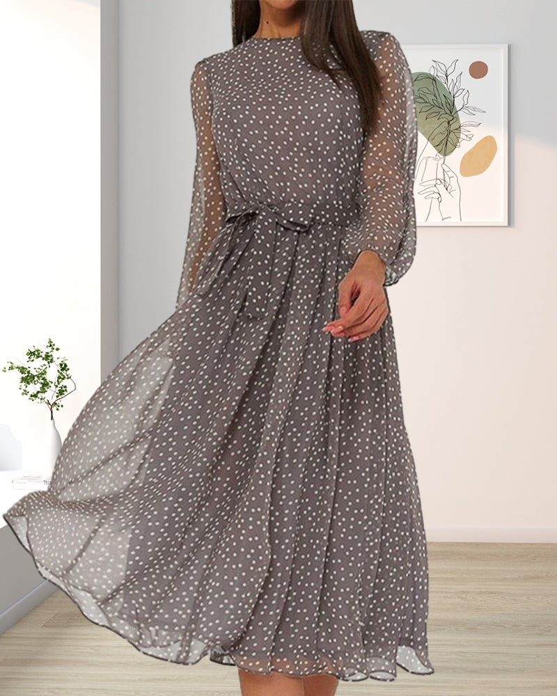 Cassandra | Women’s A Line Polka Dot Dress with Long Sleeve Knee Length