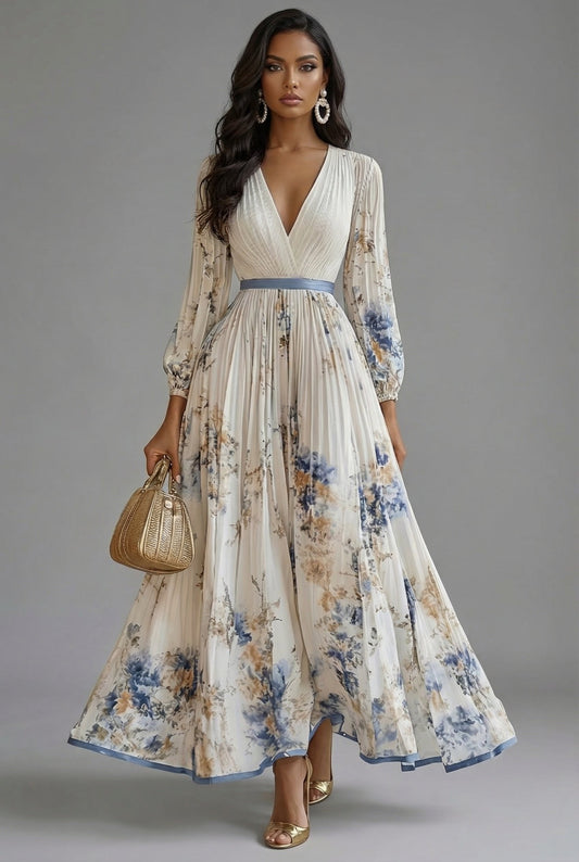Isabelle | Pleated floral printed maxi dress with long sleeve V-neck