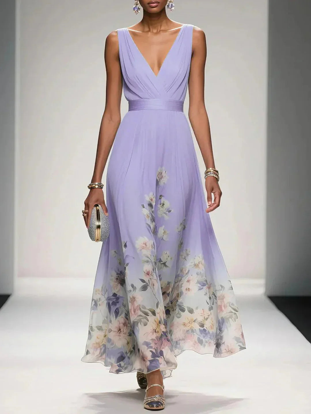 Alouette | Women’s maxi dress with floral print V neck and sleeveless