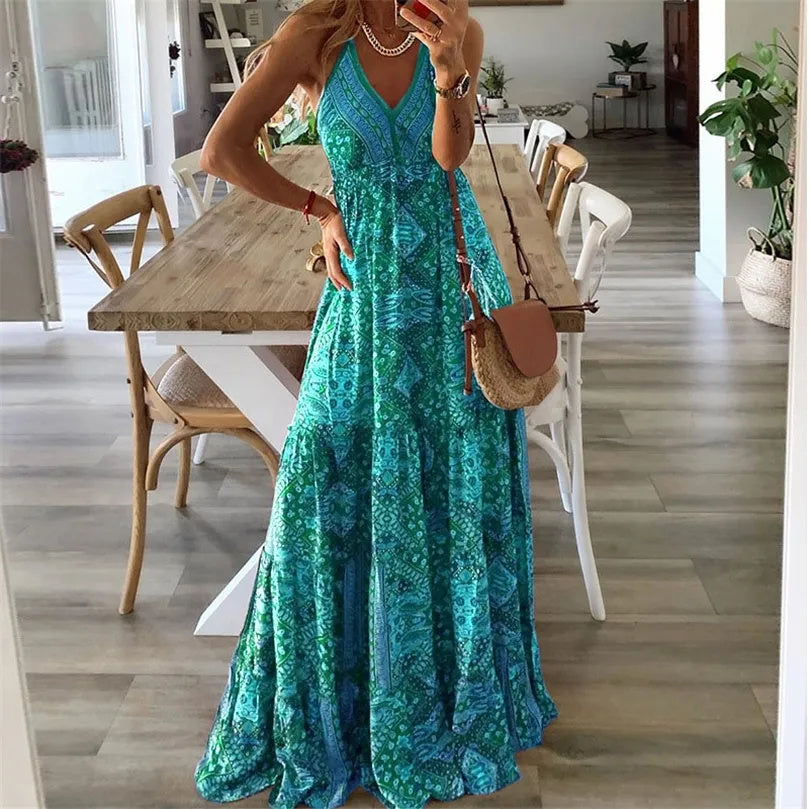 Audrey | Women’s Maxi Dress with Boho Printed V Neck