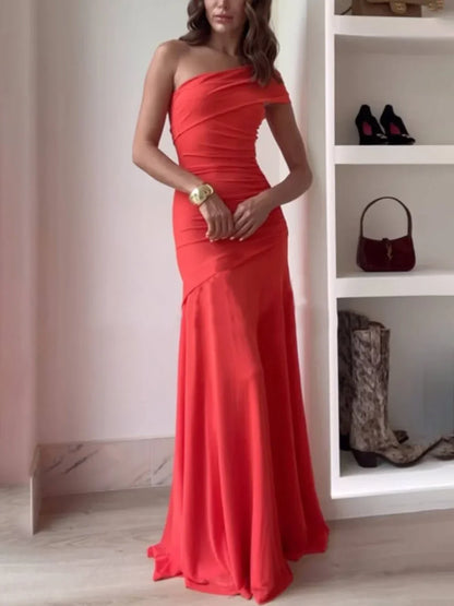 Autumn | Women’s elegant ruched maxi dress with asymmetric fit