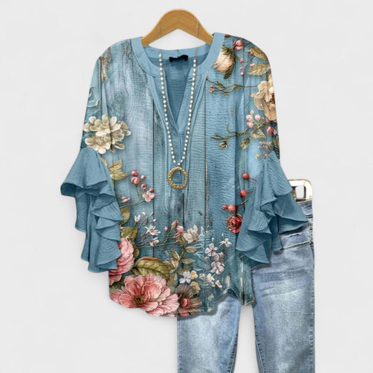 Léonie | Women’s floral V-neck blouse with ruffle sleeve style
